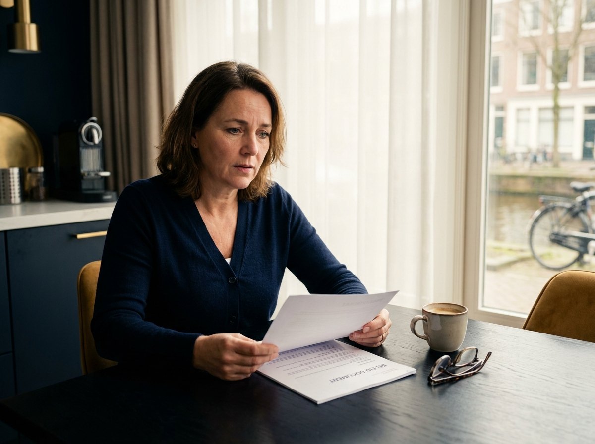 Vrouw leest polisdocument aan de keukentafel