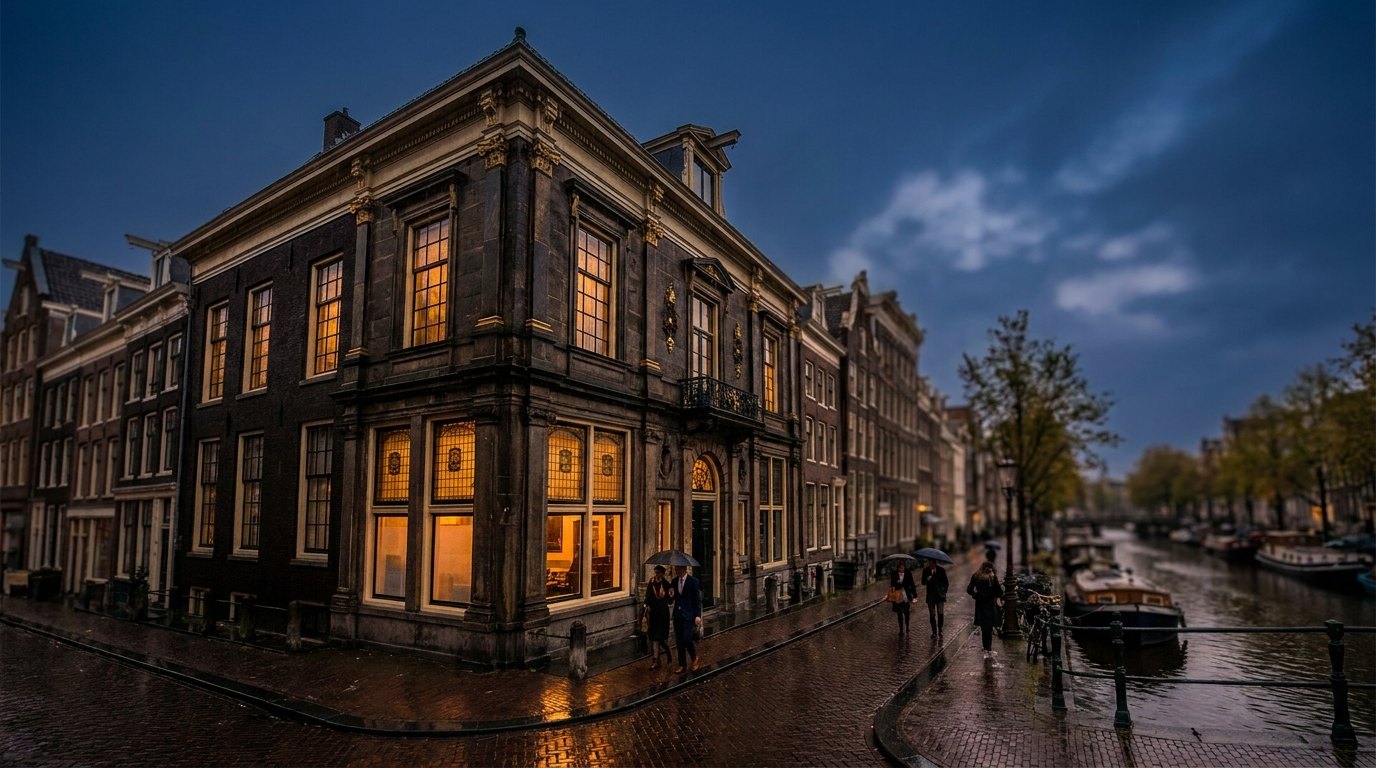 Klassiek Nederlands grachtenpand in de schemering