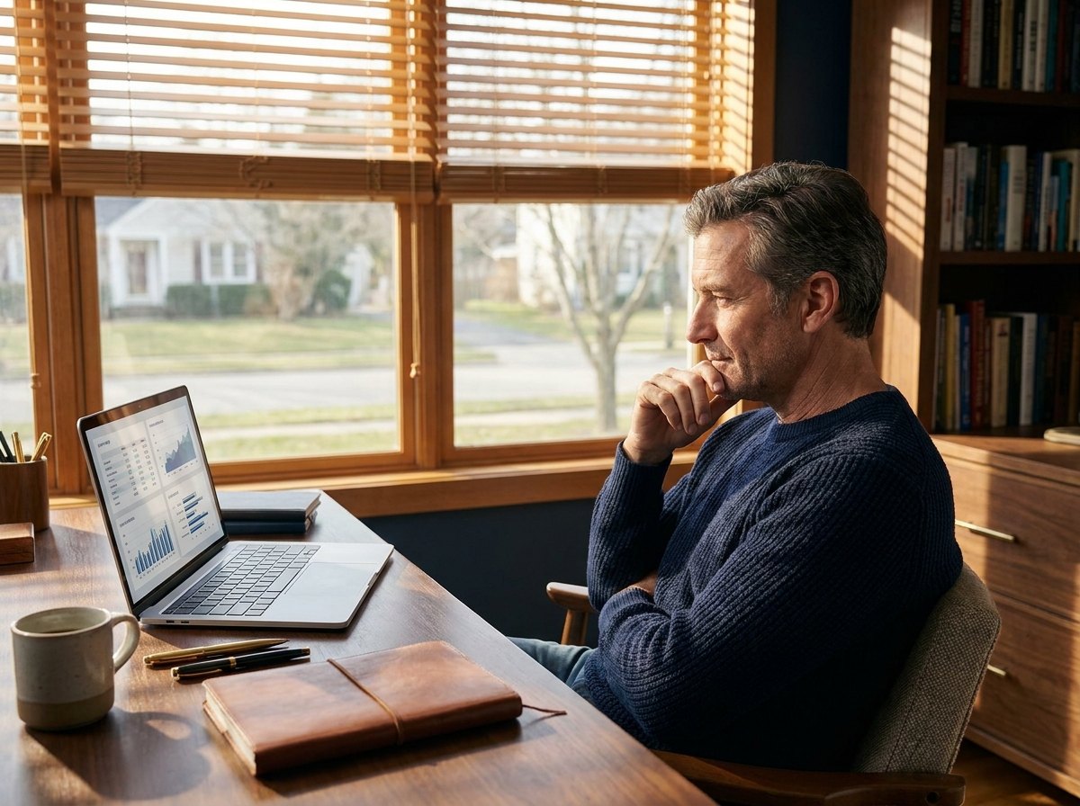 Man vergelijkt polisvoorwaarden op laptop
