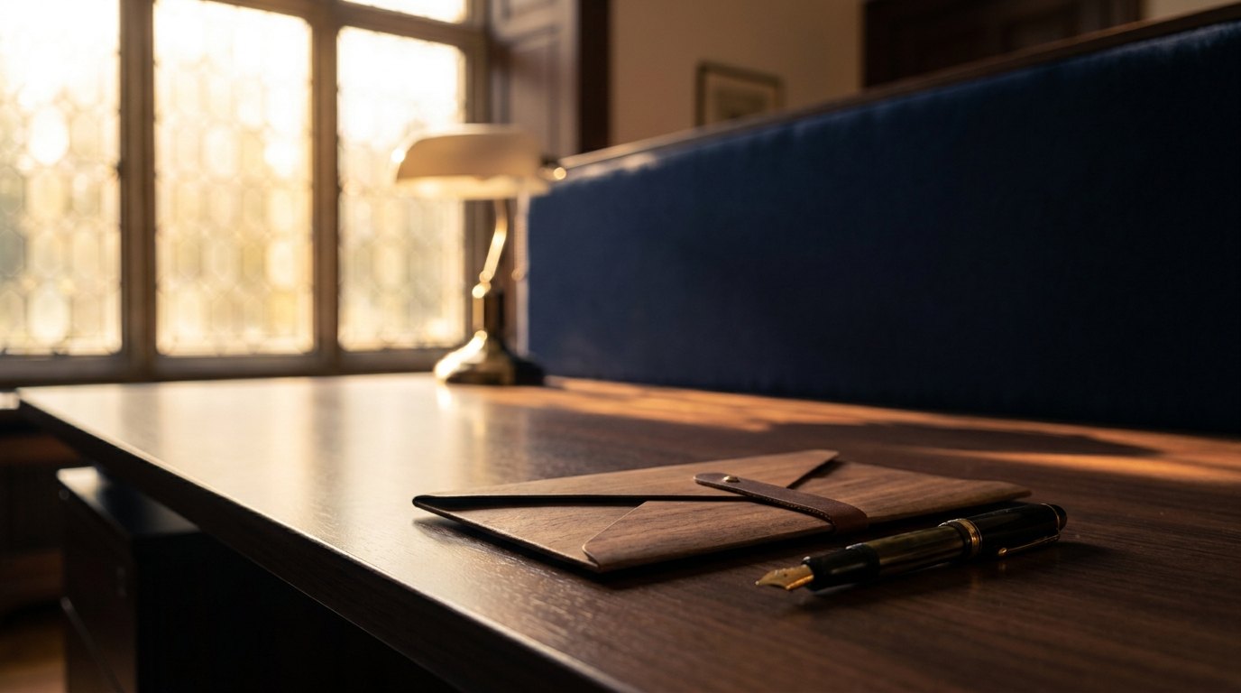 Bureau met document en pen in gouden ochtendlicht