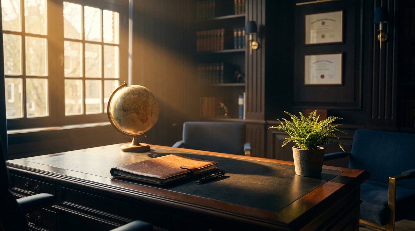 Notarisbureau met globe, leren map en pen