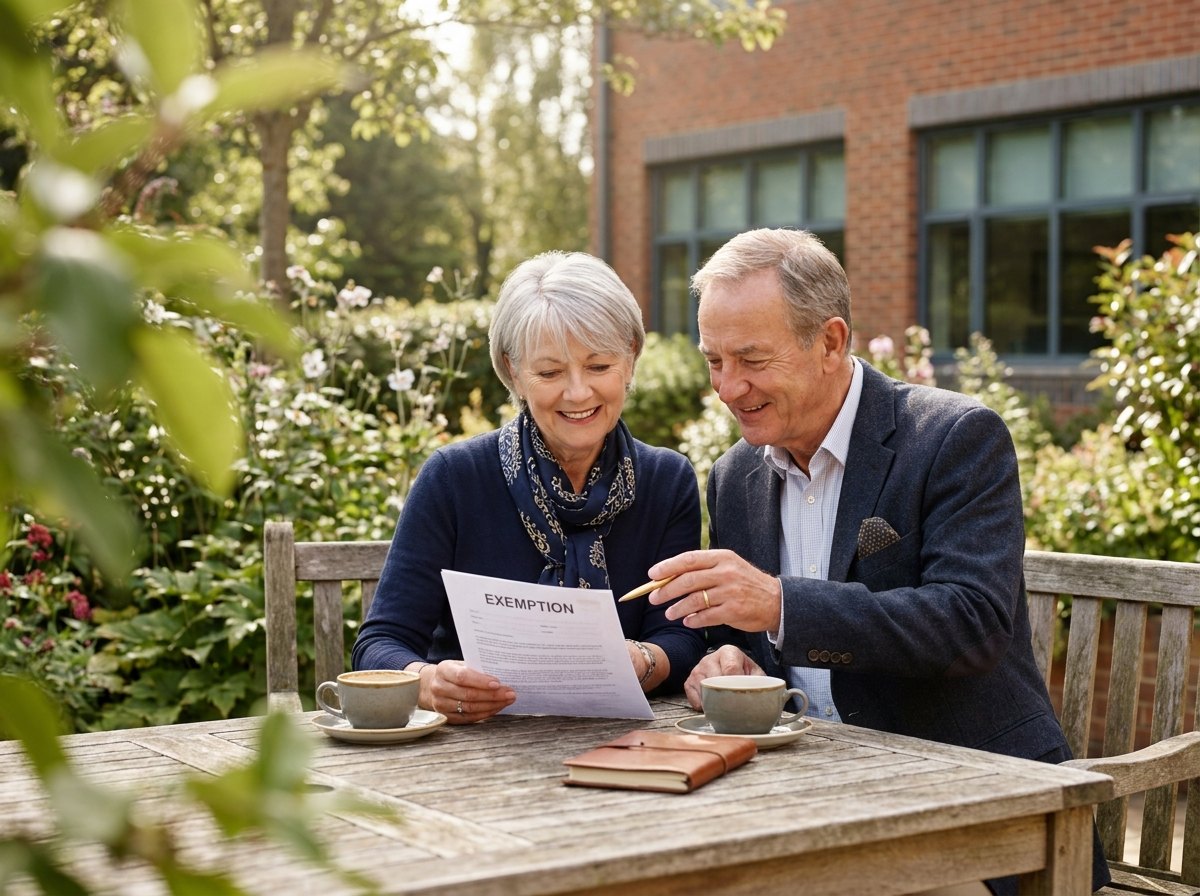 Senior echtpaar leest vrijstellingsbrief in zonnige tuin