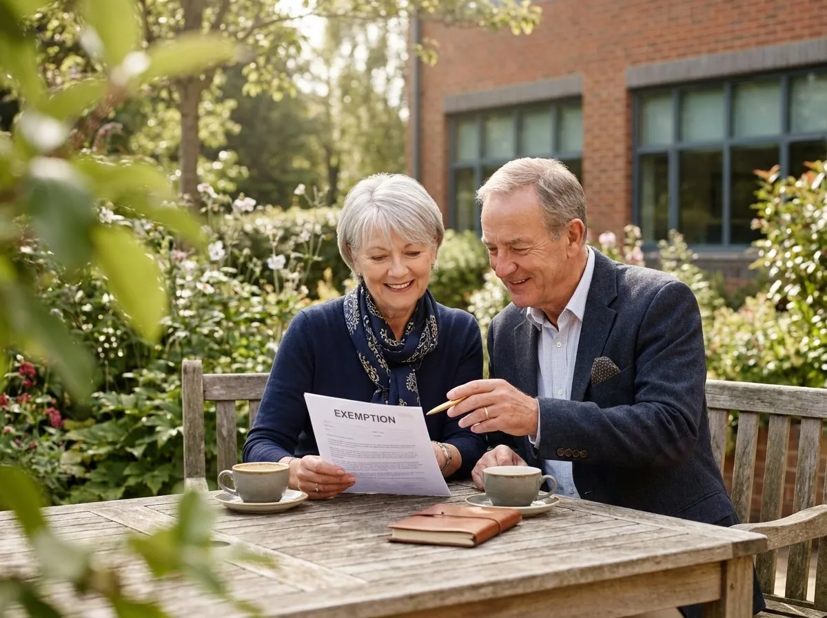 Senior echtpaar leest vrijstellingsbrief in zonnige tuin