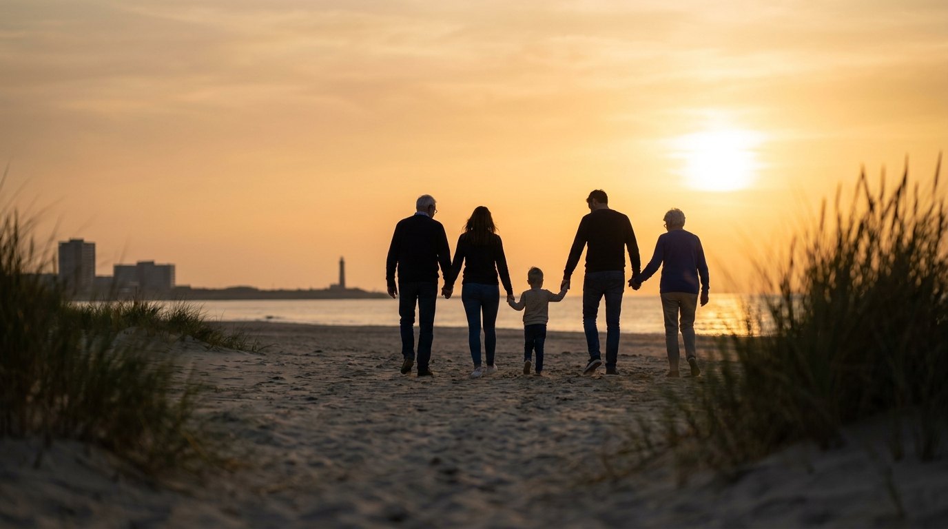 Drie generaties wandelen samen over een Nederlands strand bij zonsondergang
