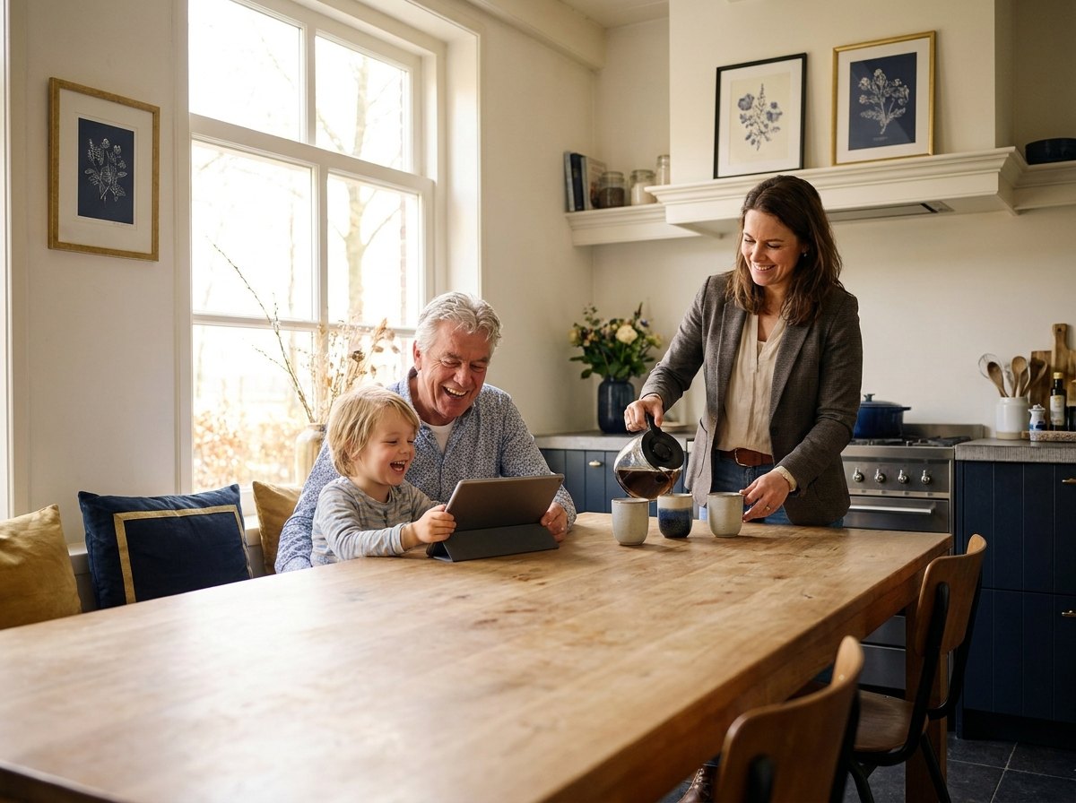 Grootouder en kleinkind lachen aan de keukentafel
