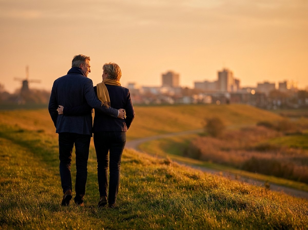 Echtpaar wandelt over een Hollandse dijk
