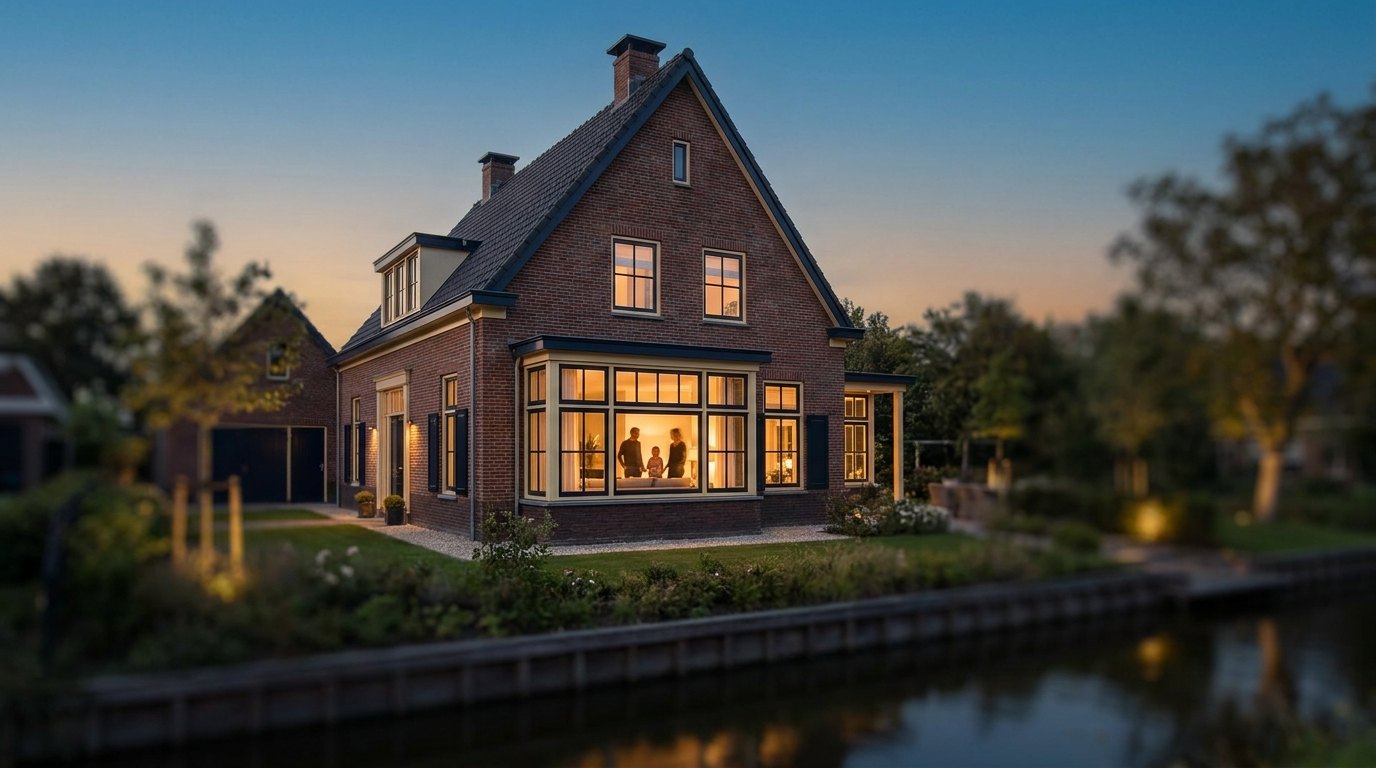 Nederlands gezinshuis bij schemering met warm licht