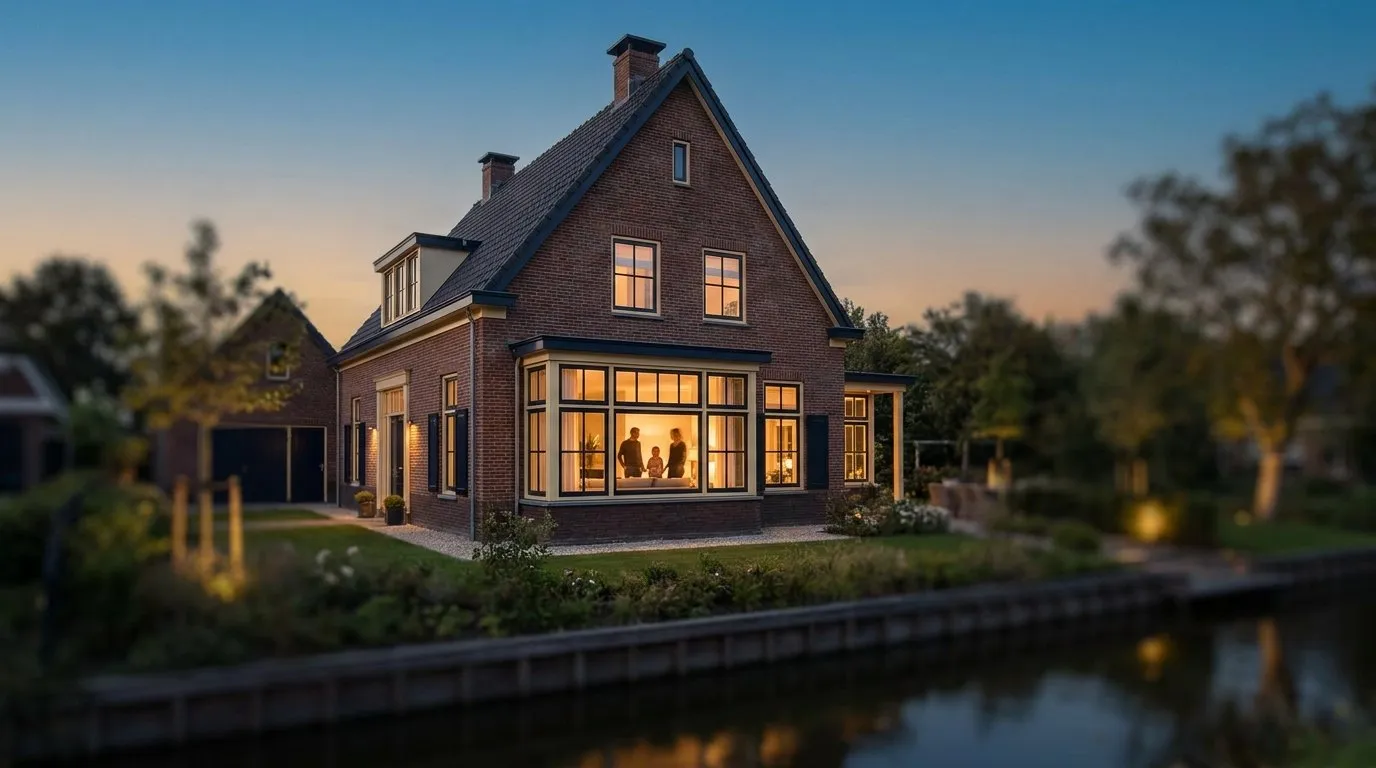 Nederlands gezinshuis bij schemering met warm licht