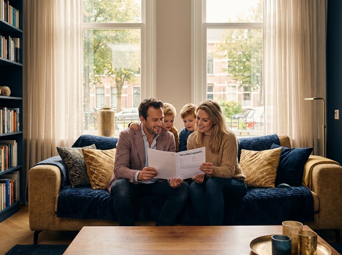 Gezin samen op de bank met polisdocument
