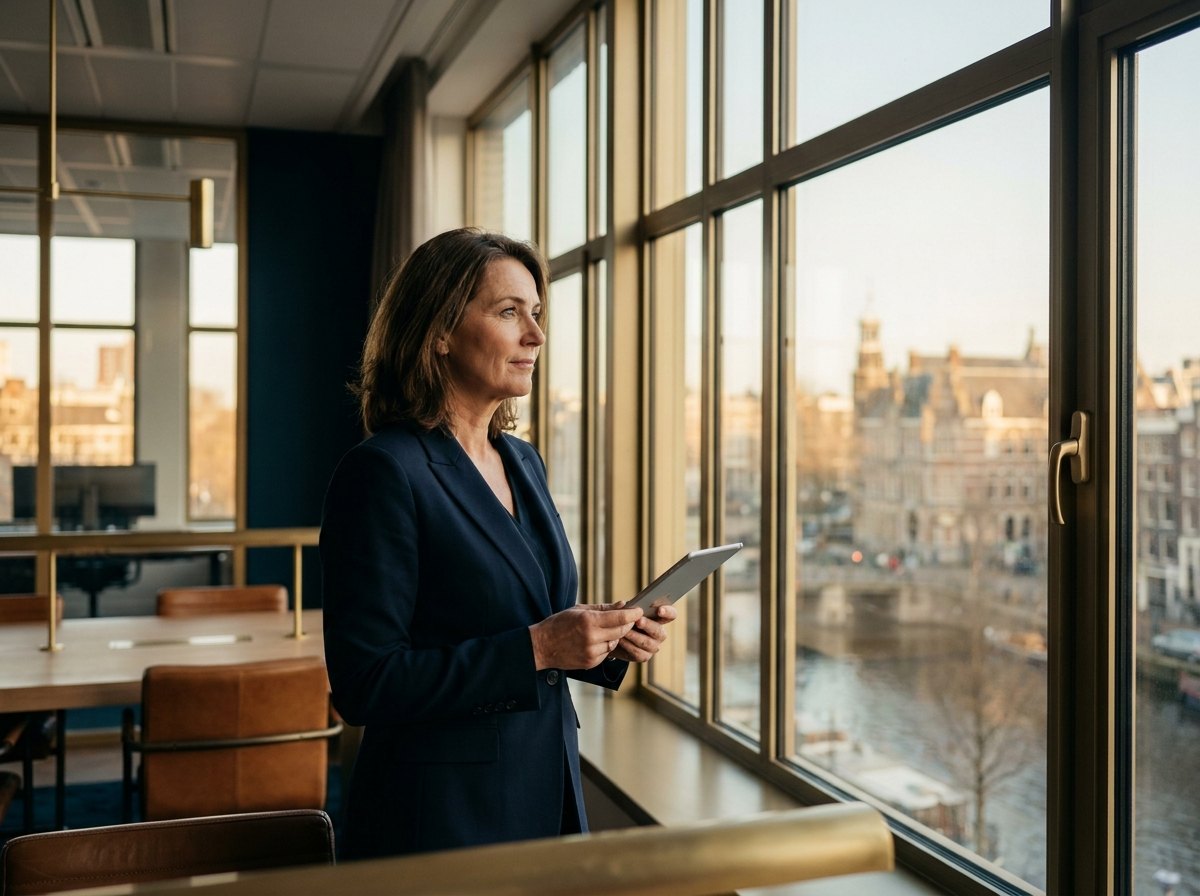 Onderneemster bij het raam van haar kantoor