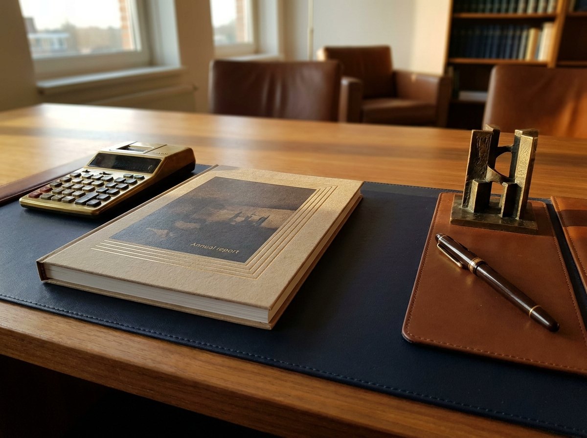 Bureau met jaarverslag, rekenmachine en pen