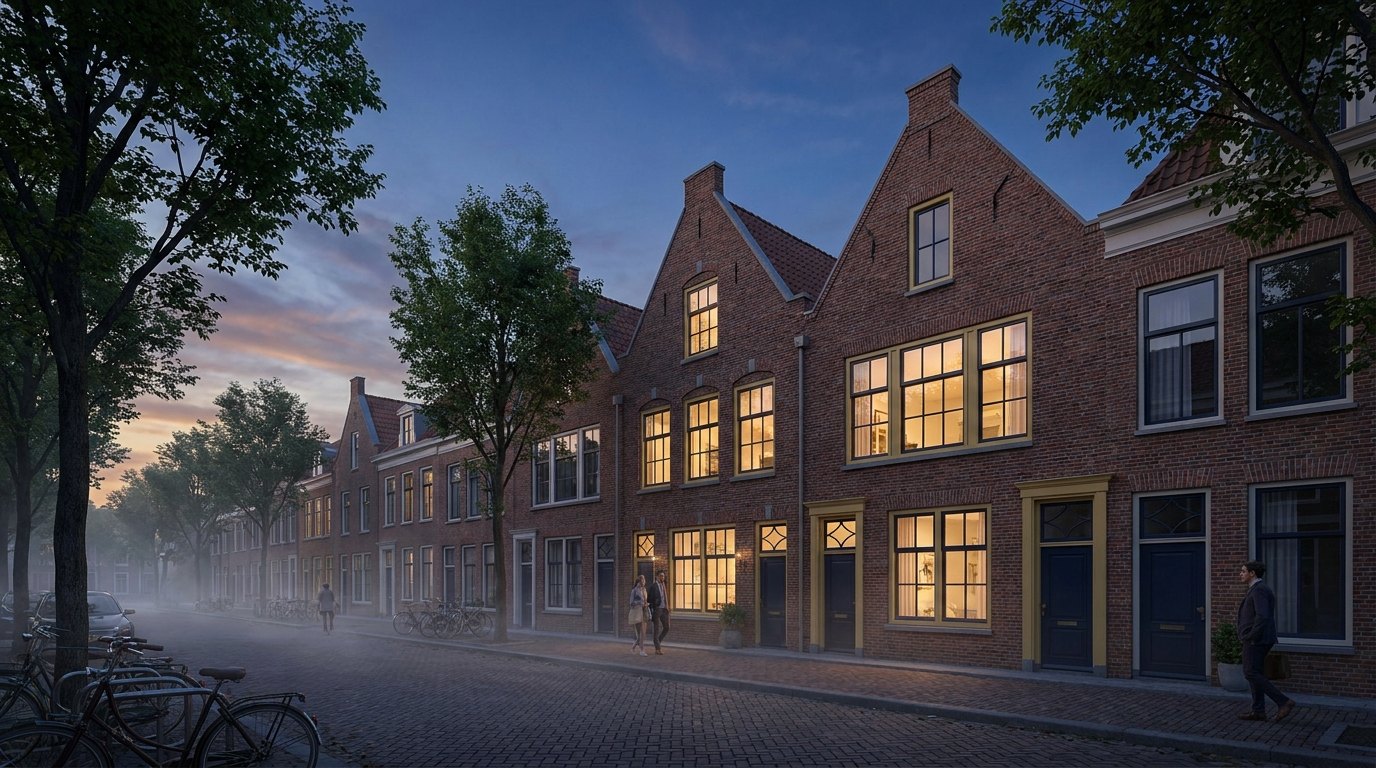 Rustige Nederlandse straat met rijtjeshuizen bij schemering