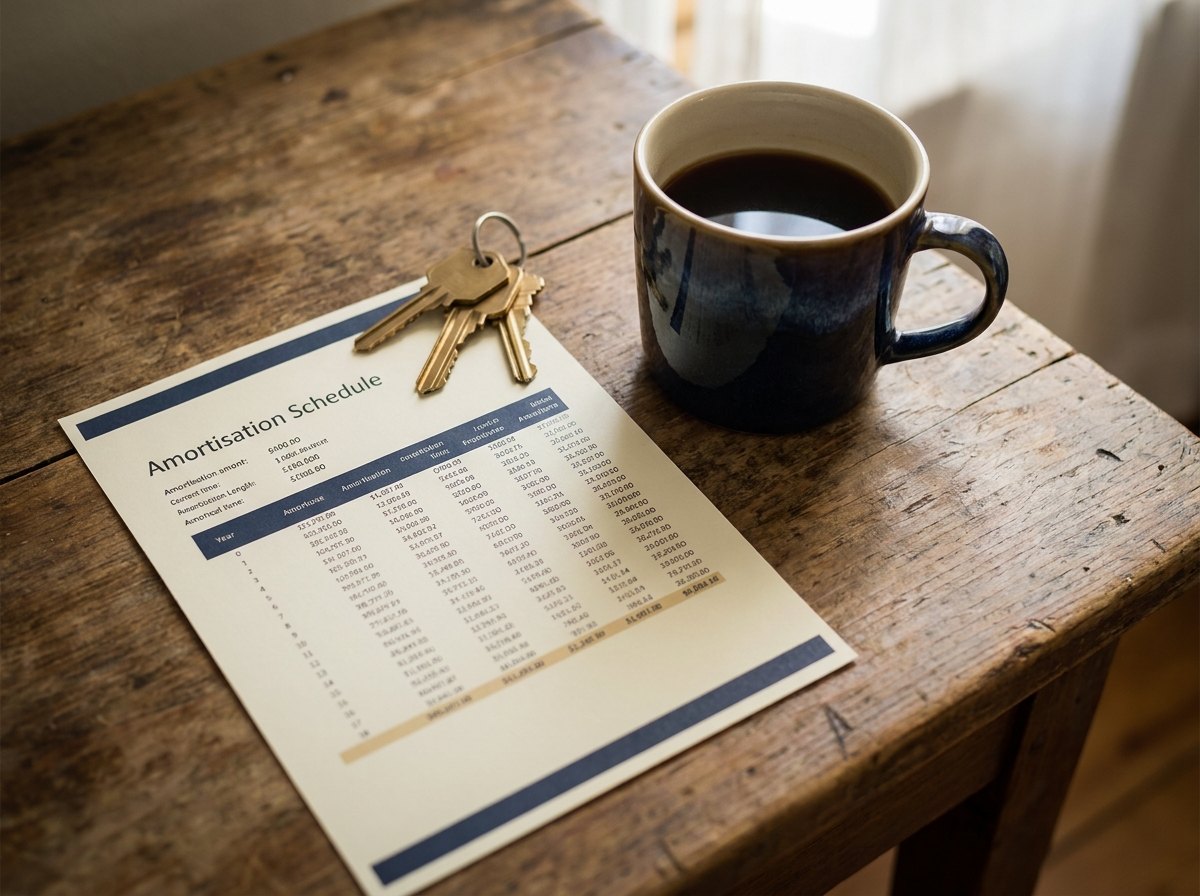 Top-down: aflossingsschema, sleutels en koffie