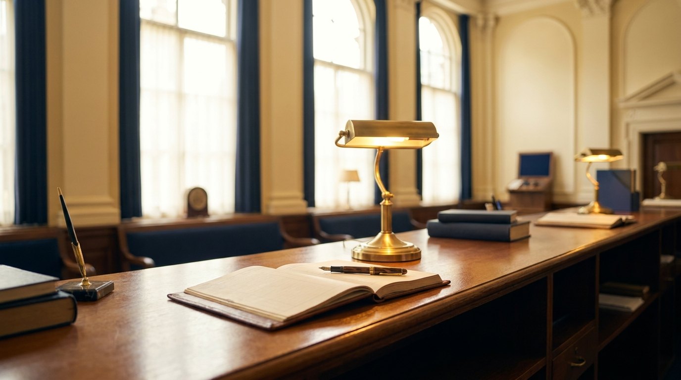 Klassiek bankloket met messing lamp en grootboek