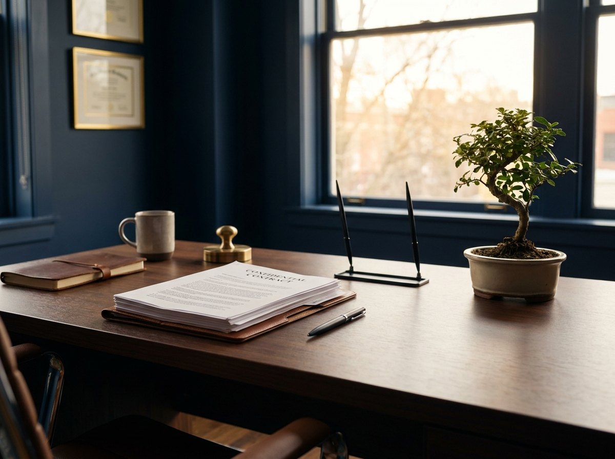 Bureau met contract en bonsaiplant