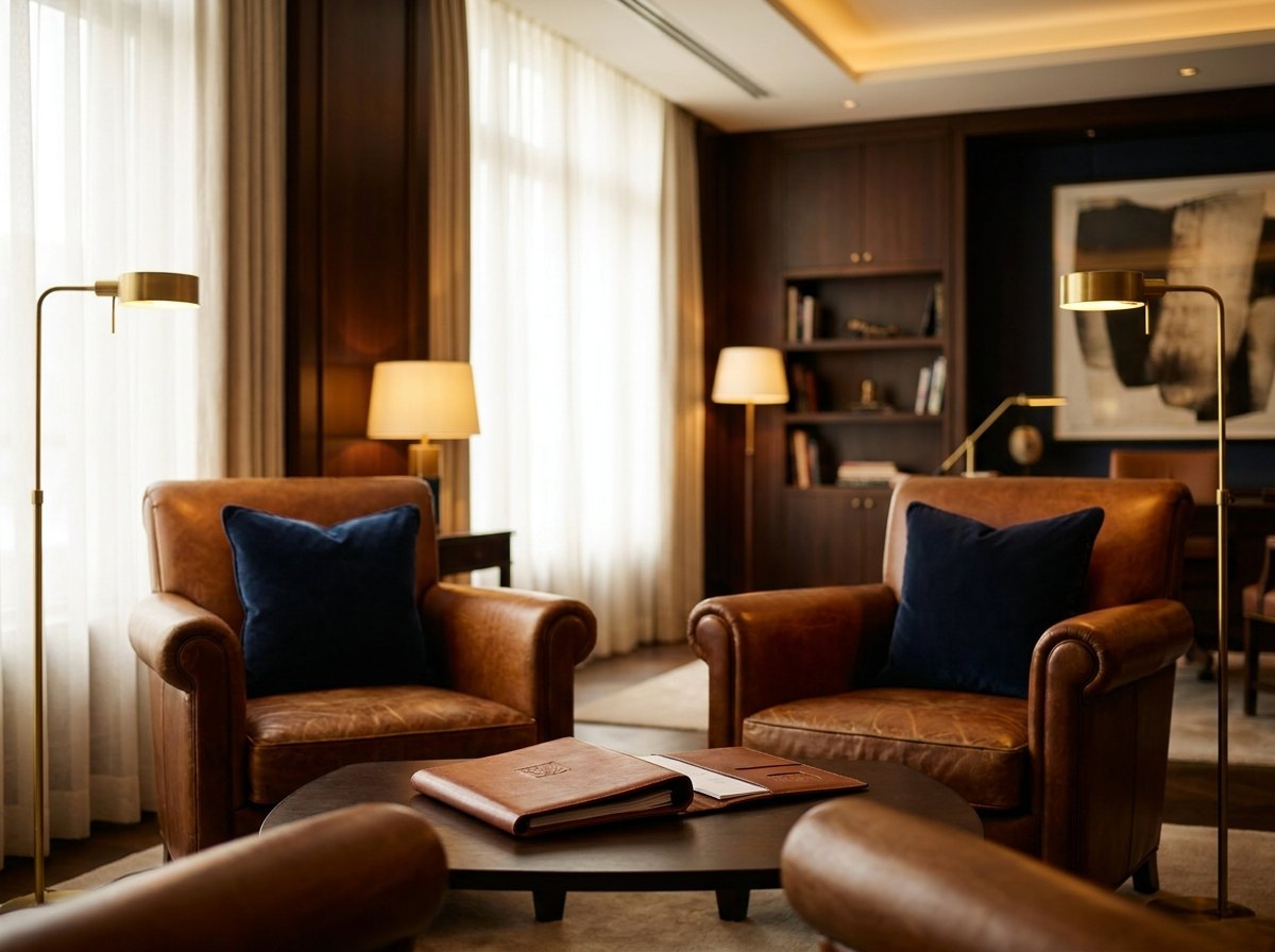 Private-banking lounge met leren stoelen